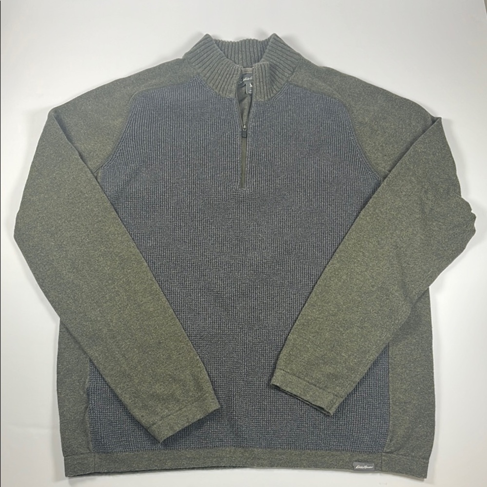 Eddie Bauer Men's Green and Gray Quarter Zip Pullover Sweater Sz L